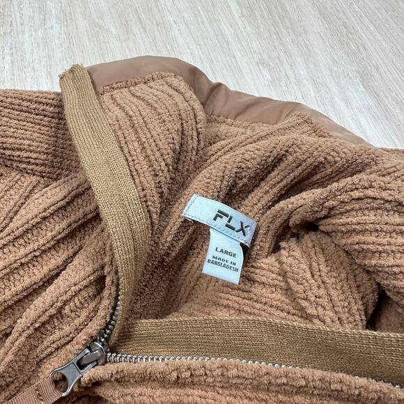 FLX Camel Brown Ribbed Knit Full Zip Sweater Jacket Drawstring Pockets Large - Picture 9 of 14